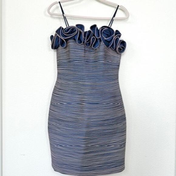 Sonia Peña Striped Rosette Cocktail Dress Blue Tan Spaghetti Strap Bodycon - Picture 1 of 7